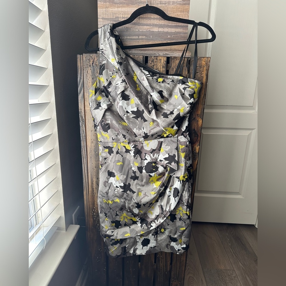 Satin black, pewter gray and pop of yellow dress.